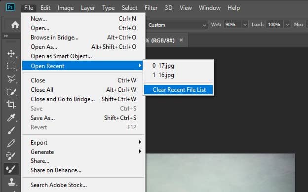 how to clear recent files in photoshop