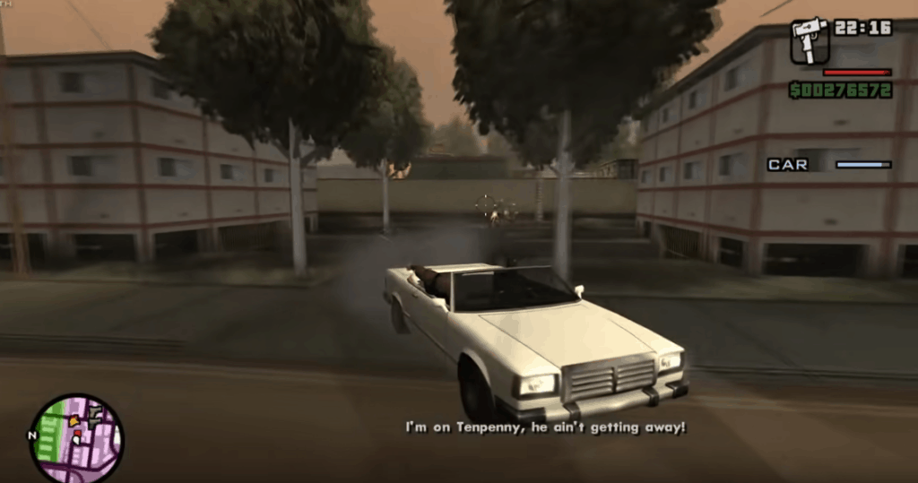 GTA San Andreas' in-game User Interface with map and status bar. Graphic design in video games