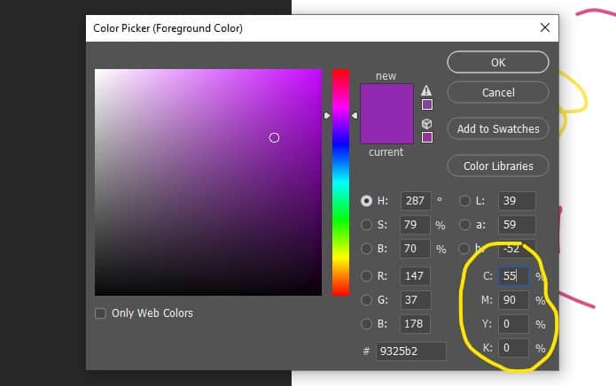 cmyk value fields in photoshop color picker dialog box