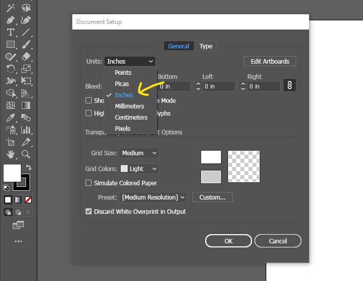 How to change pt to inches in Adobe Illustrator